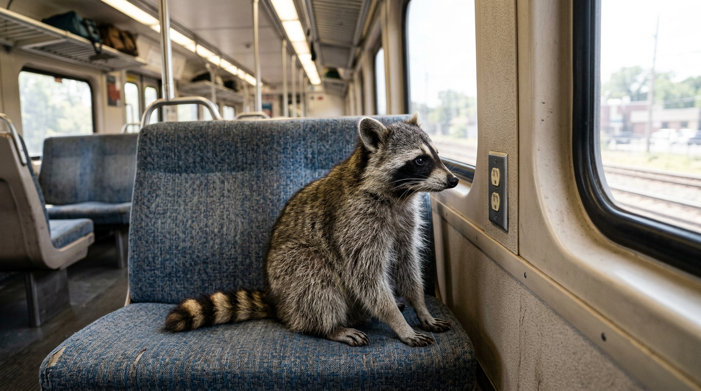 Steckdose Satire: Waschbär sitzt auf einem Zugsitz und blickt auf eine Steckdose an der Wand