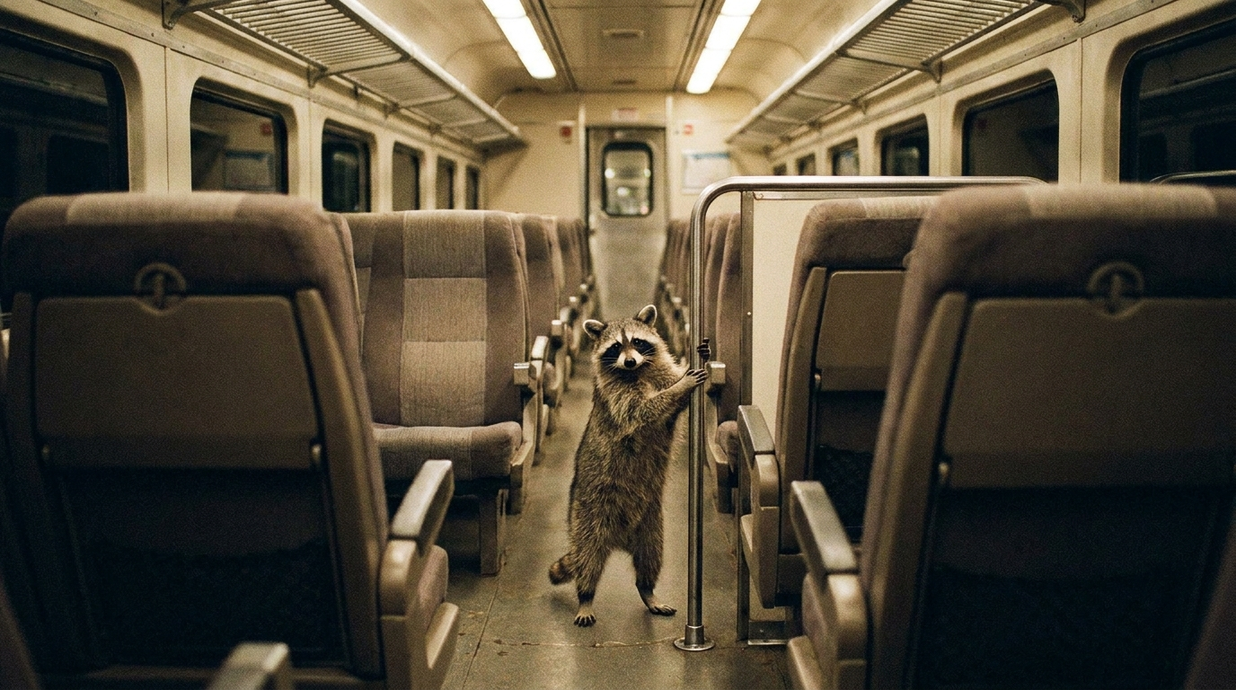 Stehplatz Reservierung Satire: Waschbär steht im Gang eines Zugwaggons und hält sich an einer Haltestange fest