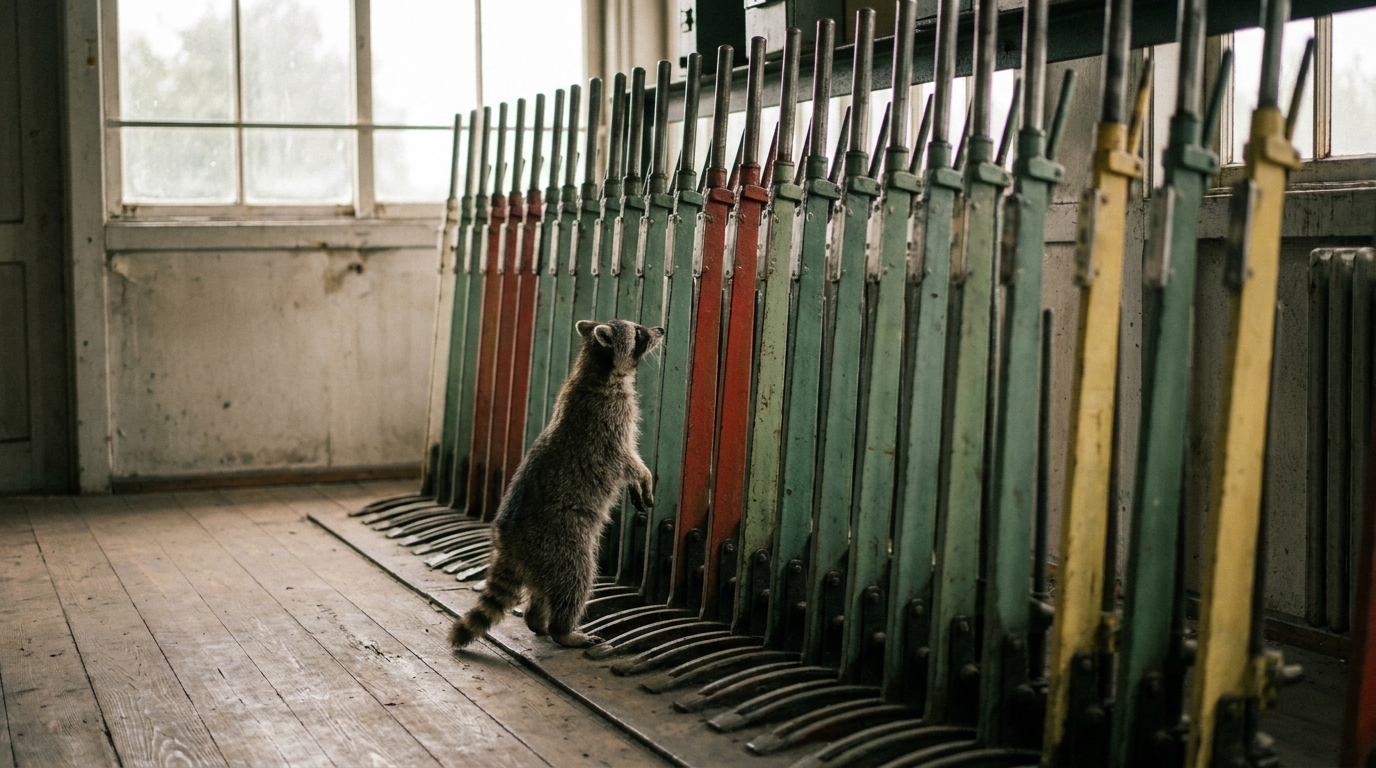 Stellwerk Satire: Waschbär steht in einem alten Stellwerk vor großen mechanischen Hebeln