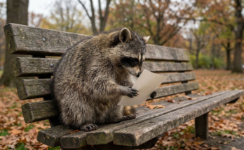 Steuerreform Satire: Waschbär sitzt auf einer Parkbank und hält ein einzelnes Blatt Papier in den Pfoten