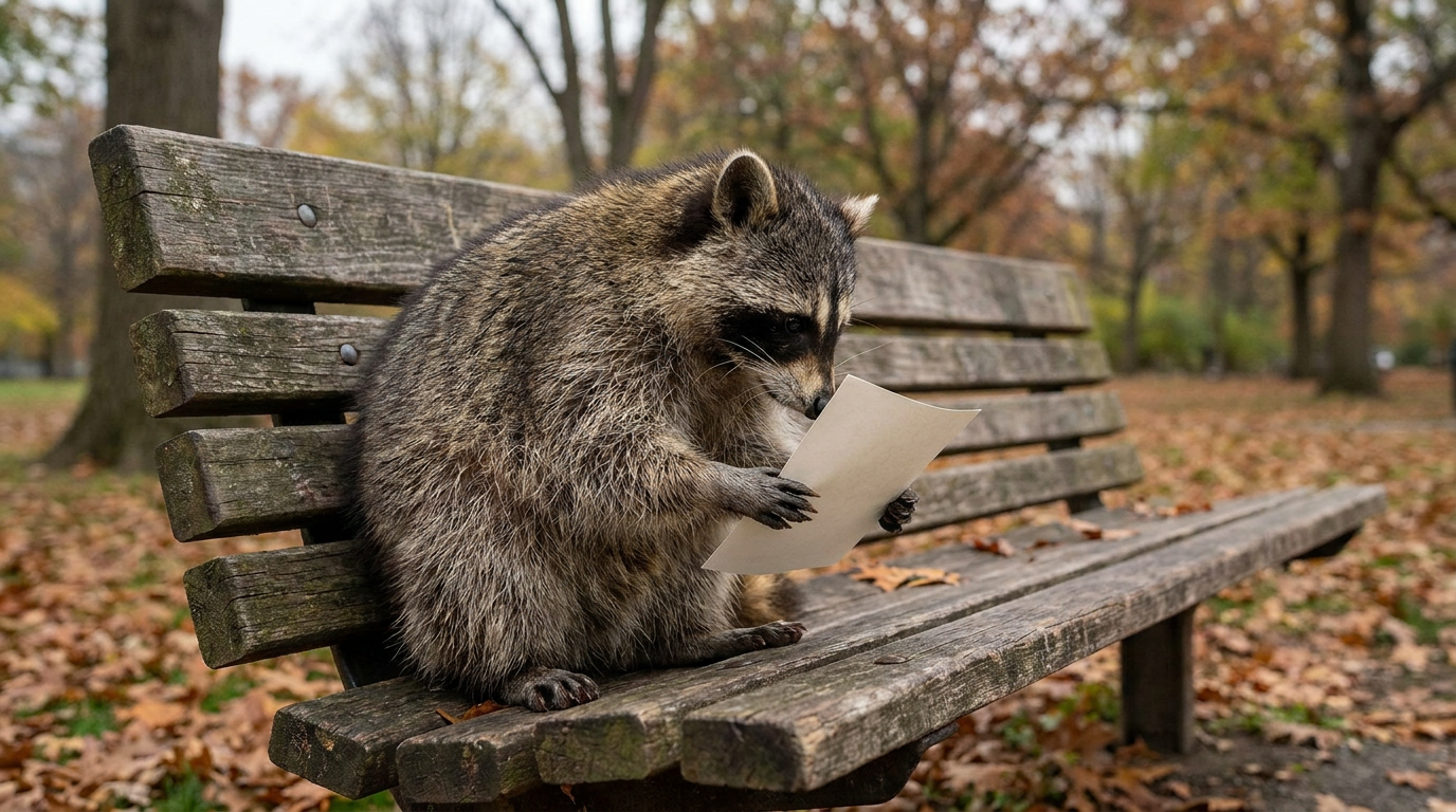 Steuerreform Satire: Waschbär sitzt auf einer Parkbank und hält ein einzelnes Blatt Papier in den Pfoten