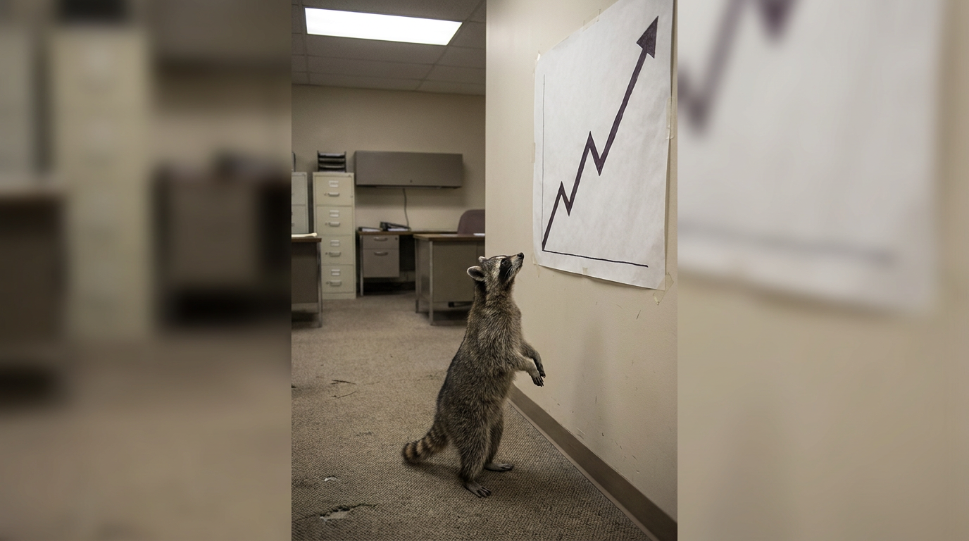 Steuerschätzung Satire: Waschbär steht vor einer Wandtafel mit einer aufsteigenden Kurve