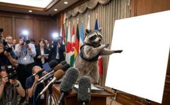Bahn Störung Satire: Waschbär zeigt bei einer Pressekonferenz auf eine leere Präsentationstafel