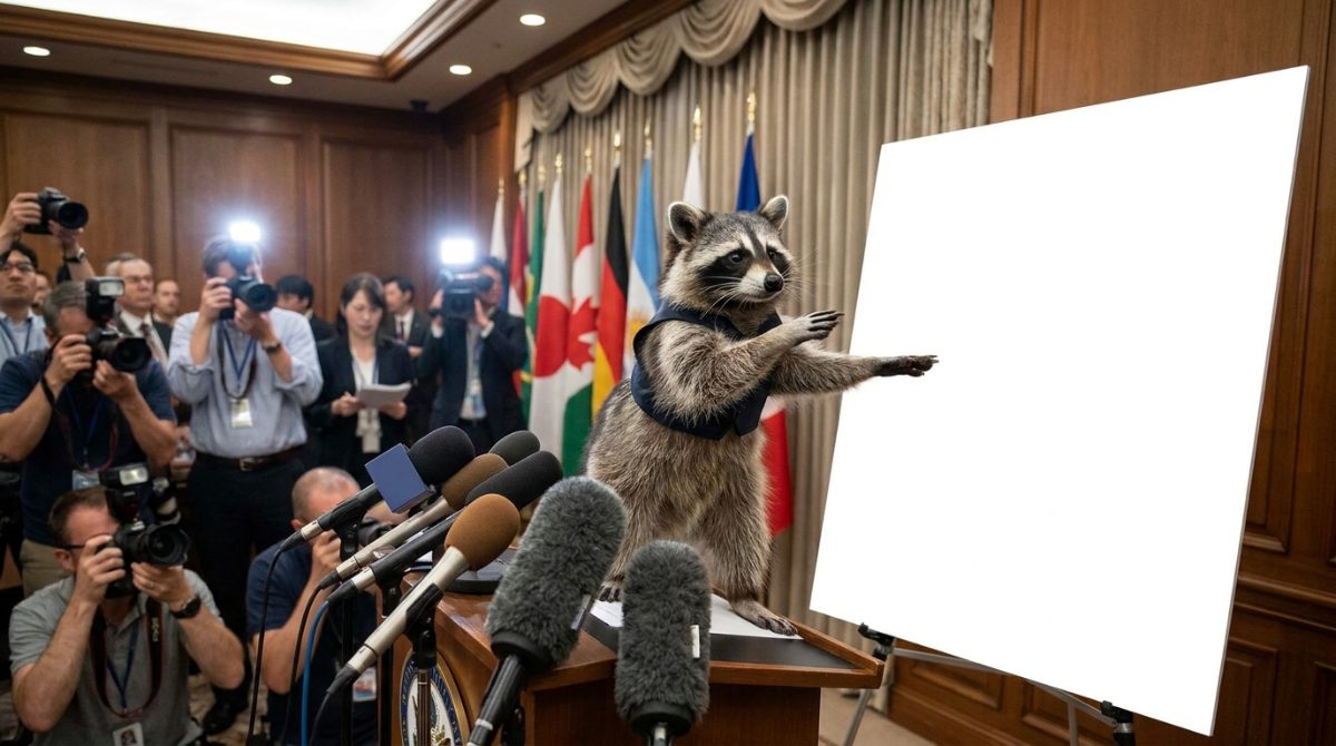 Bahn Störung Satire: Waschbär zeigt bei einer Pressekonferenz auf eine leere Präsentationstafel
