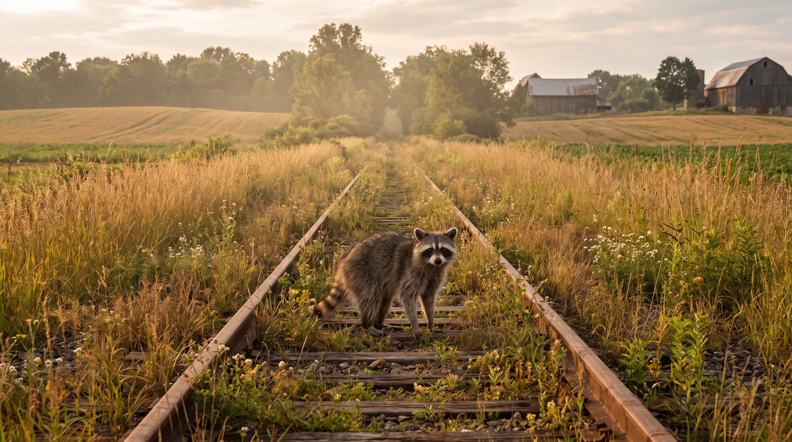Stilllegung Satire: Waschbär steht auf einem überwachsenen Gleis in einer ländlichen Landschaft