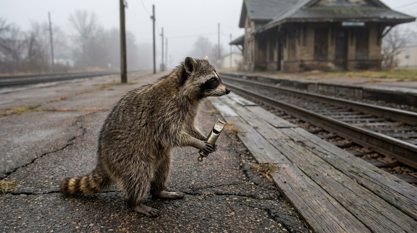 Bahnstreik Satire: Waschbär steht mit einer leeren Trillerpfeife auf einem menschenleeren Bahnsteig