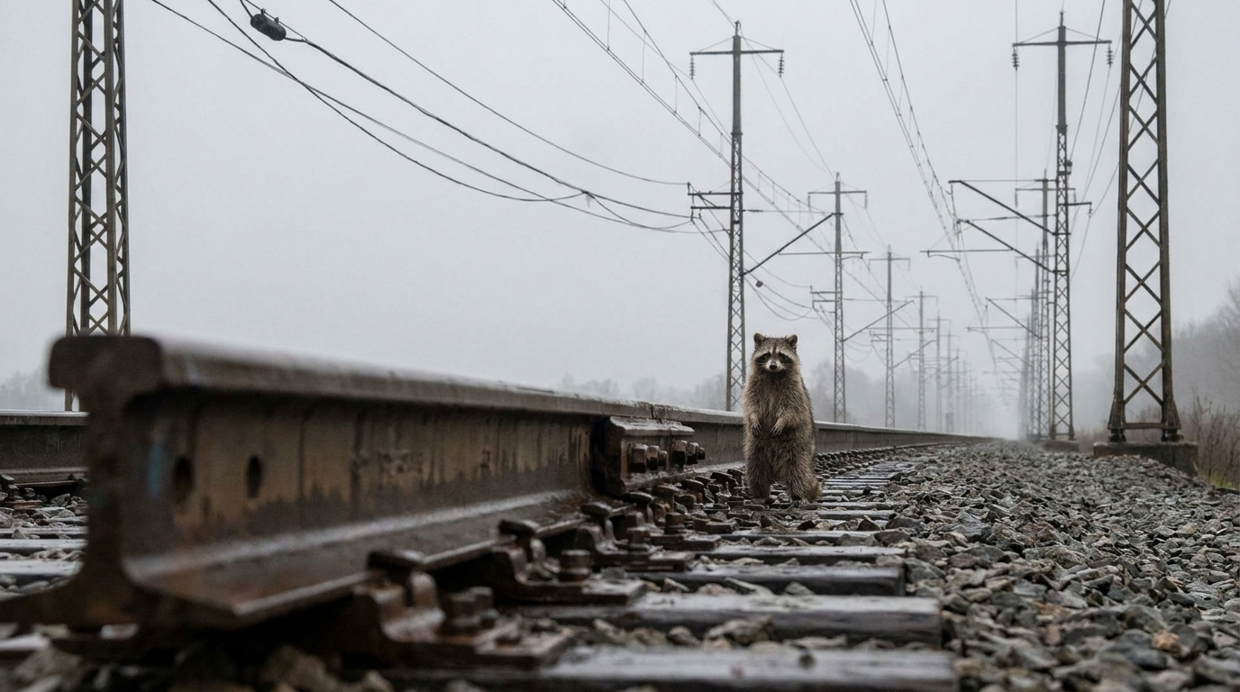 Stromnetz Satire: Waschbär steht neben einer Weiche mit Oberleitungsmasten im Hintergrund