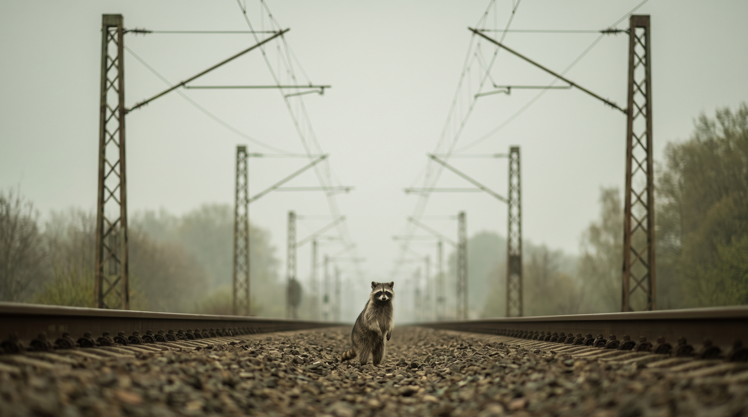 Bahnstrom Satire: Waschbär steht unter Oberleitungsmasten an einer elektrifizierten Strecke
