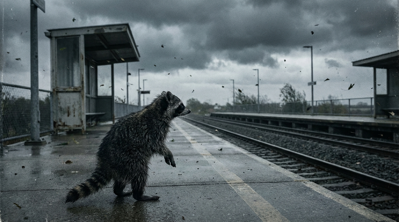 Sturmtief Satire: Waschbär steht bei starkem Wind auf einem leeren Bahnsteig unter dunklen Wolken