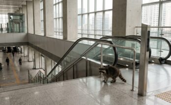 Waschbär steht in einer hellen modernen Bahnhofshalle mit klaren Linien