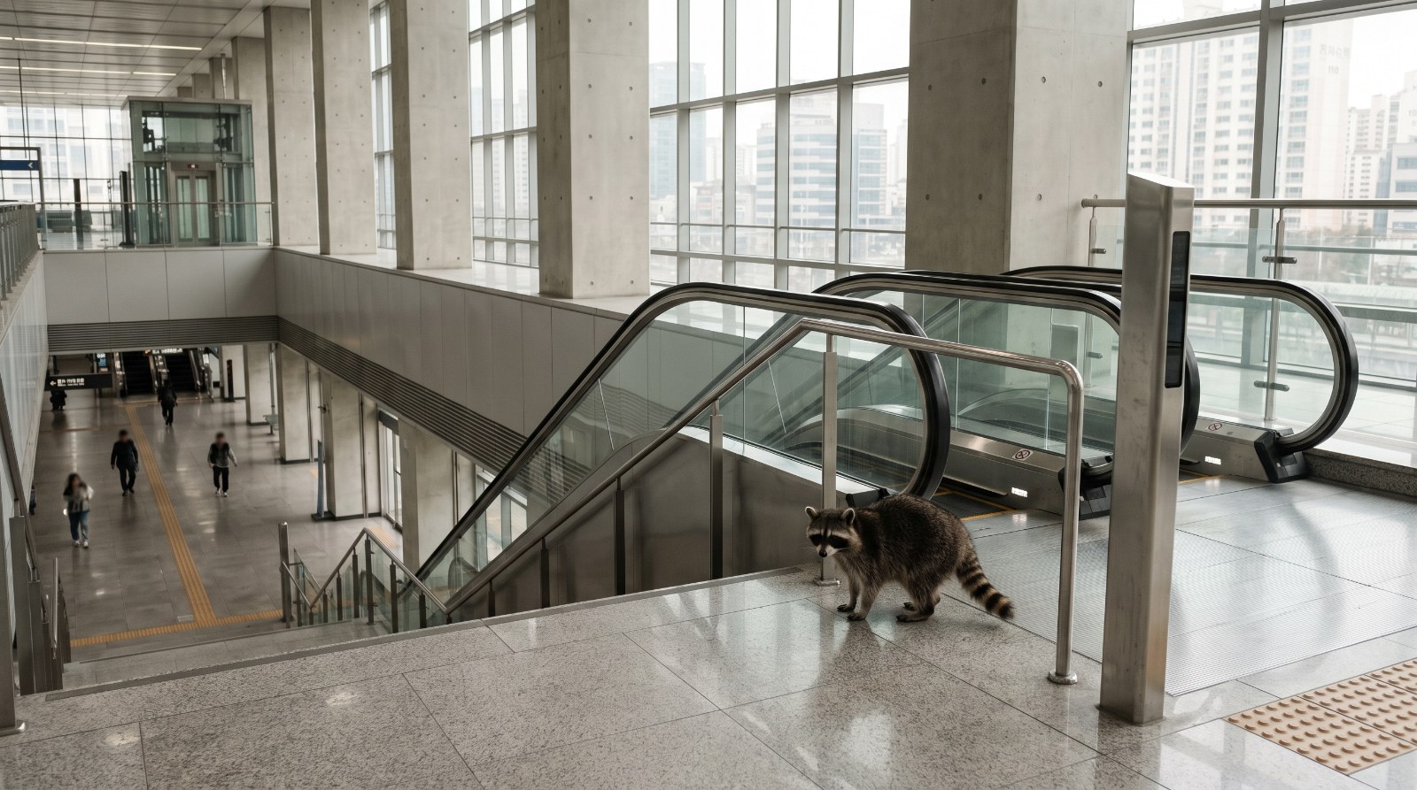 Waschbär steht in einer hellen modernen Bahnhofshalle mit klaren Linien