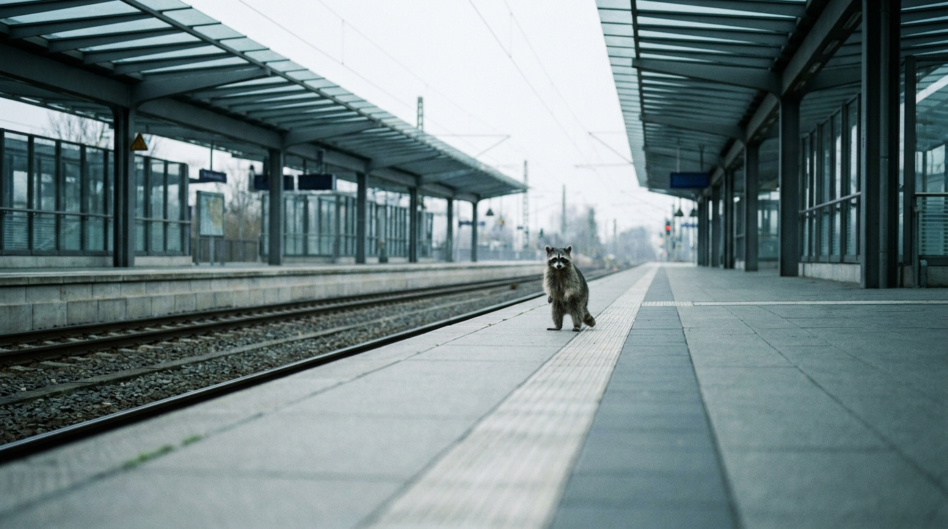 Taktknoten Satire: Waschbär steht auf einem leeren Bahnsteig zwischen mehreren Gleisen