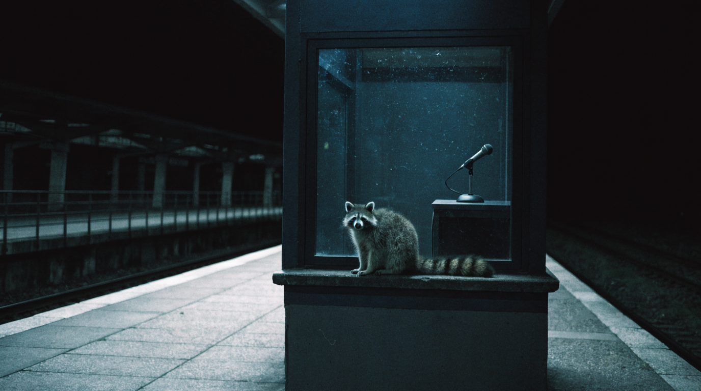 Durchsage Tatsachenpflicht Satire: Waschbär sitzt nachts auf dem Fenstersims einer dunklen Ansagerkabine