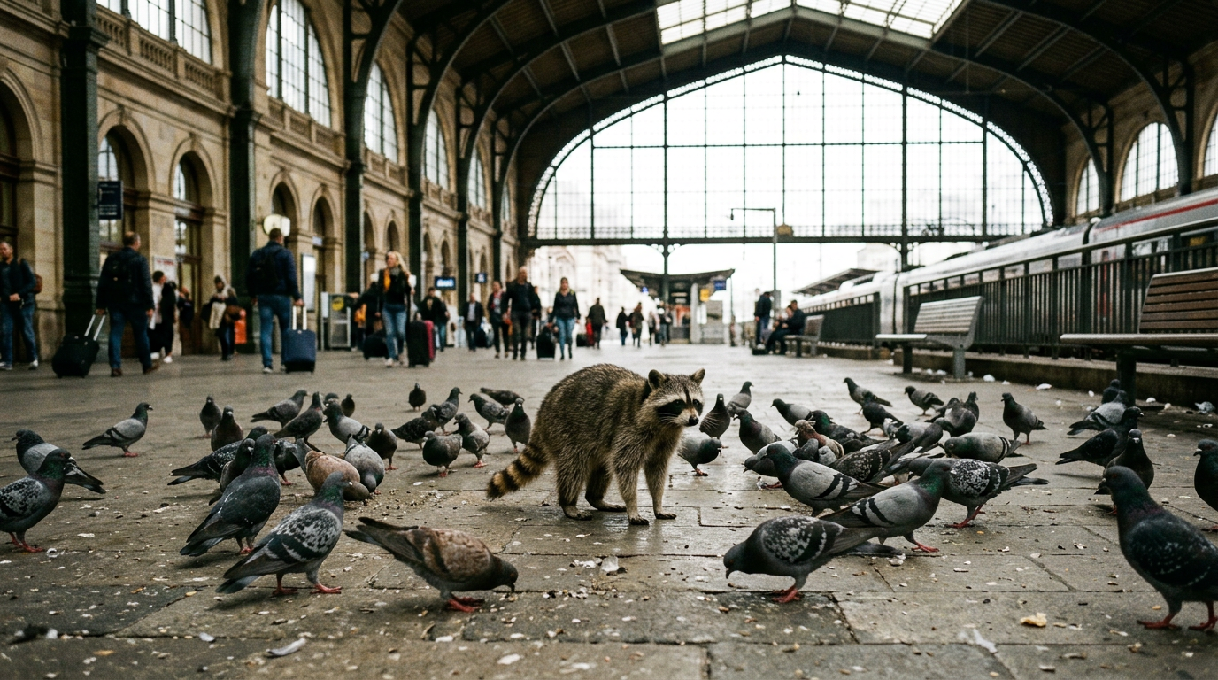 Tauben Satire: Waschbär steht in einer Bahnhofshalle zwischen mehreren Tauben auf dem Boden