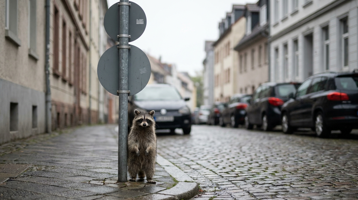 Tempo 30 Satire: Waschbär steht an einer innerstädtischen Straße mit Verkehrsschildern