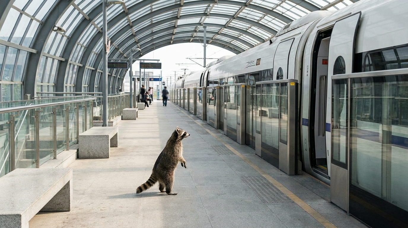 Tempolimit ICE Satire: Waschbär steht am Bahnsteig neben einem haltenden Hochgeschwindigkeitszug