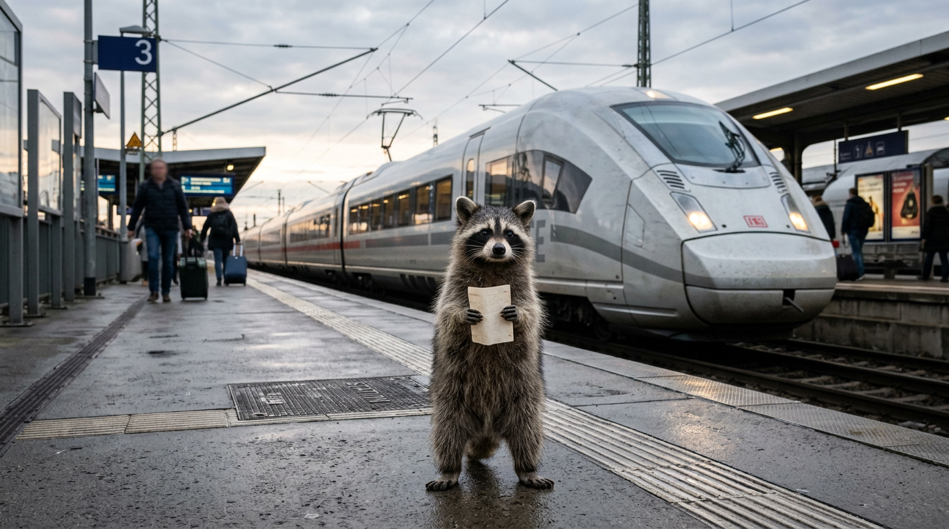 TGV Buchung Satire: Waschbär steht mit einer Fahrkarte in der Pfote vor einem silbernen Schnellzug