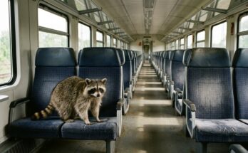 Waschbär sitzt allein auf einem Sitzplatz in einem leeren Regionalzug