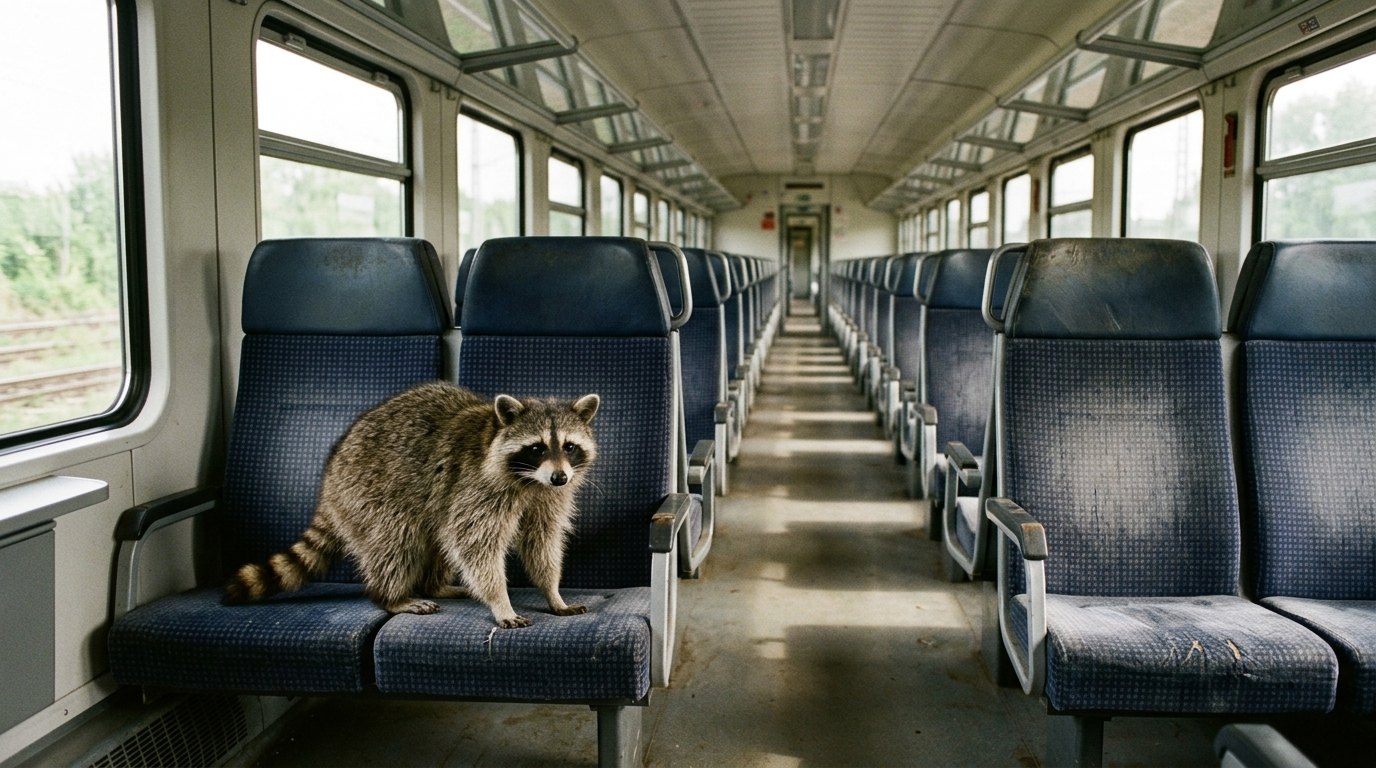 Deutschlandticket Preis Satire: Waschbär sitzt allein auf einem Sitzplatz in einem leeren Regionalzug
