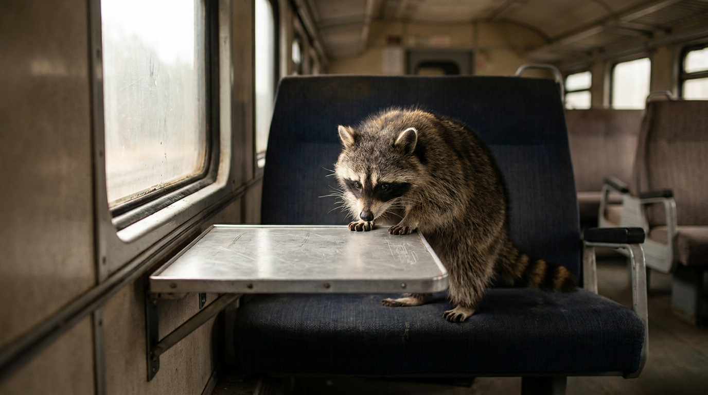 Klapptisch Satire: Waschbär sitzt am Zugsitz vor einem heruntergeklappten kleinen Tisch