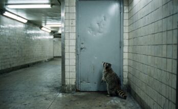 Waschbär steht vor einer verschlossenen Tür in einem Bahnhofsgang