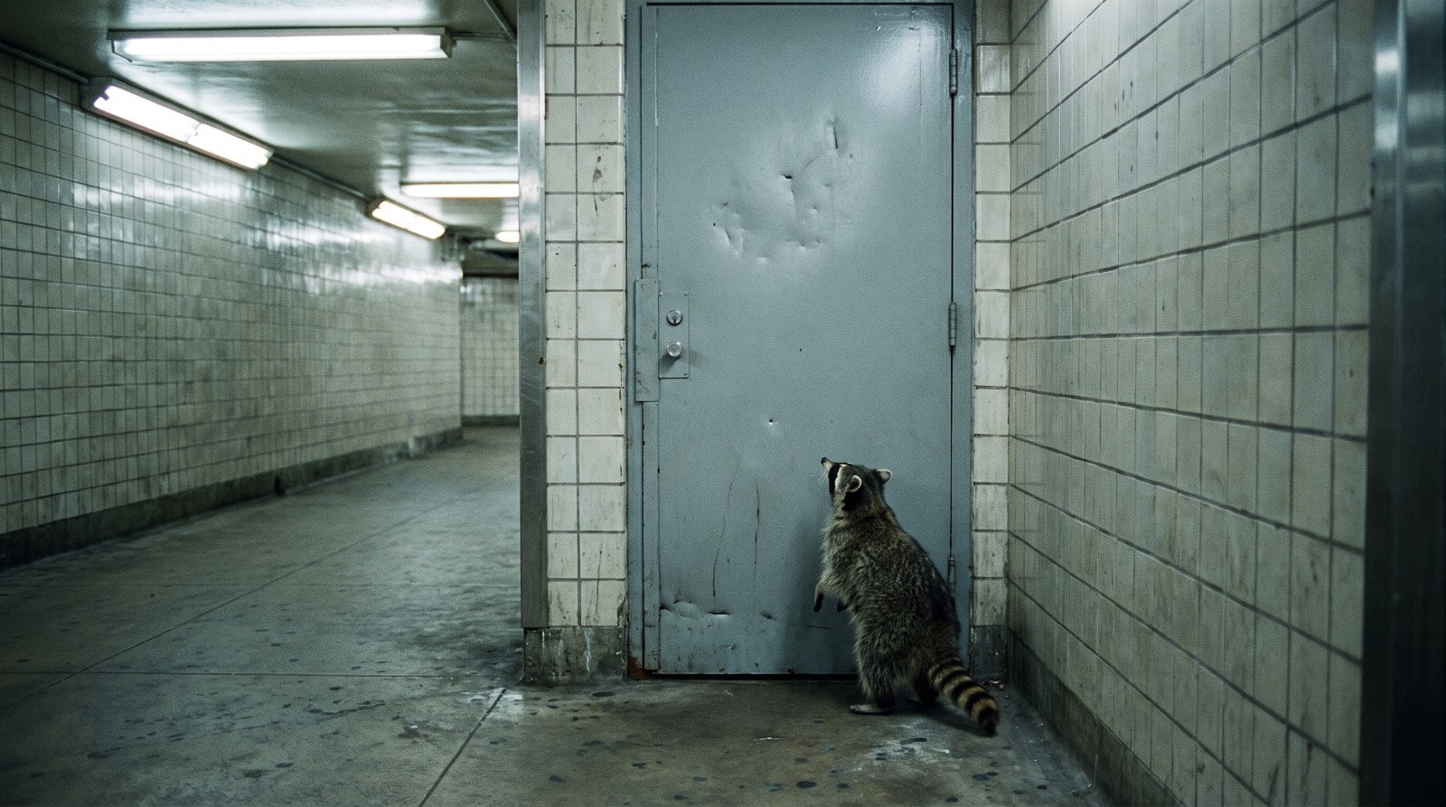 Waschbär steht vor einer verschlossenen Tür in einem Bahnhofsgang