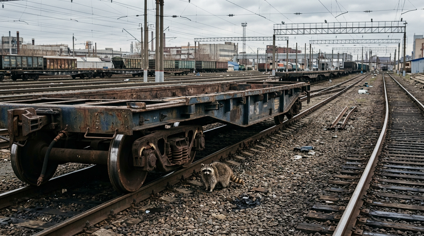 Trassenpreise Satire: Waschbär steht neben einem leeren Güterwaggon auf einem weiten Rangierbahnhof