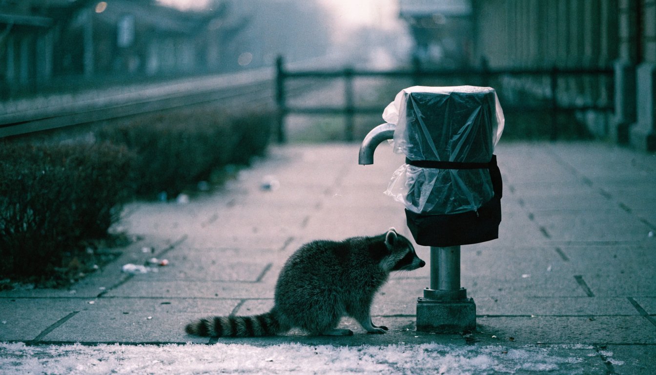 Trinkbrunnen Frostschutz Satire: Waschbär sitzt neben einem für den Winter abgestellten und verhüllten Trinkbrunnen