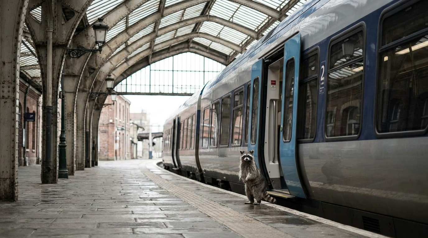 Tschechien Satire: Waschbär steht auf einem Bahnsteig vor einem modernen Regionalzug