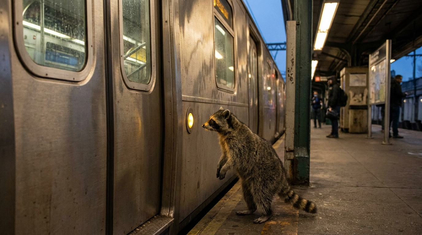 Zugtür Satire: Waschbär steht vor einer geschlossenen Zugtür und blickt auf den Türknopf