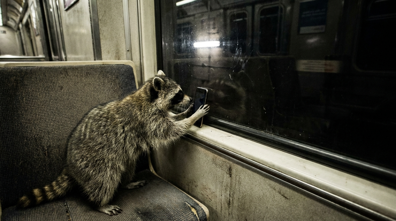 Handyempfang Zug Satire: Waschbär hält im dunklen Tunnel ein Handy ans Zugfenster