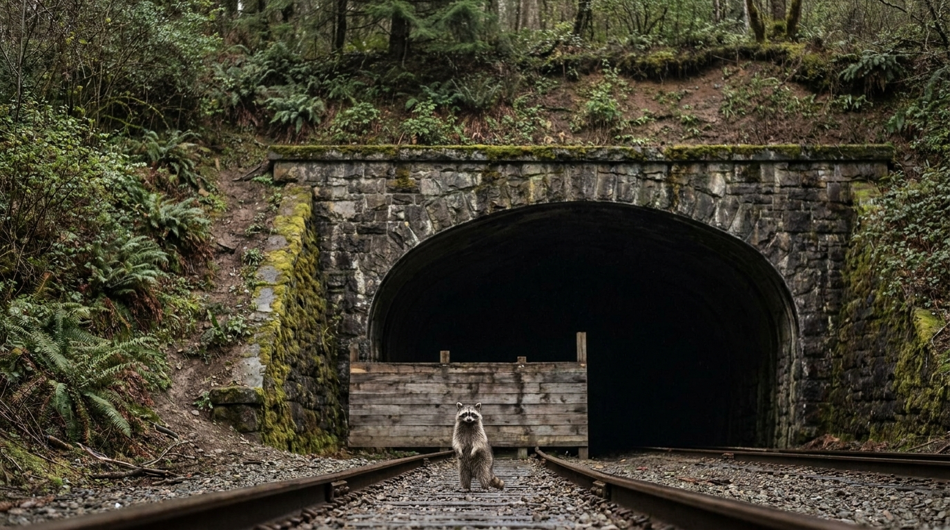 Tunnelsanierung Satire: Waschbär steht vor einem Eisenbahntunnel mit Absperrung