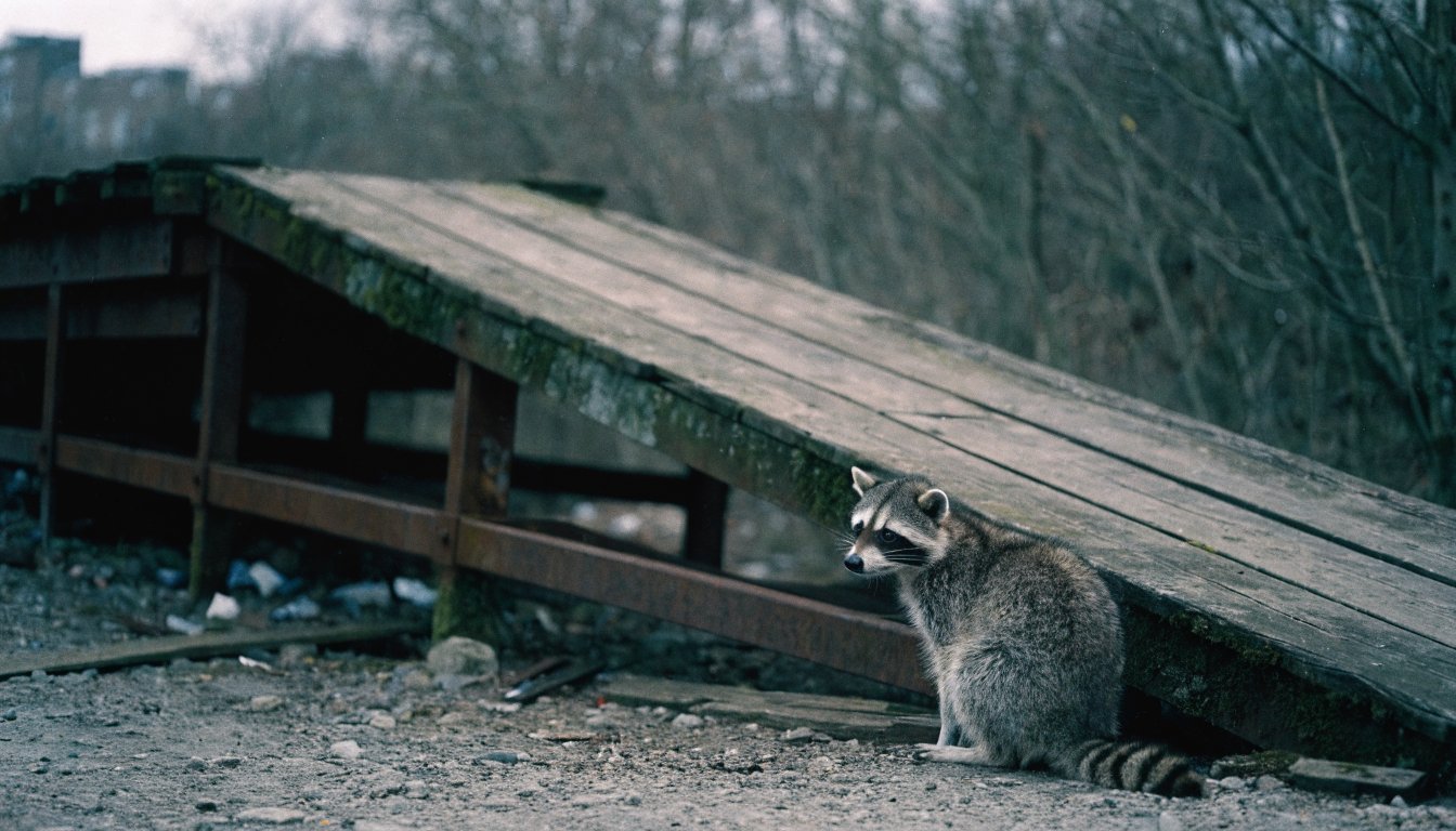 Übergangsregelung Satire: Waschbär sitzt neben einer provisorischen Holzrampe am Bahnsteig, die seit Jahren steht