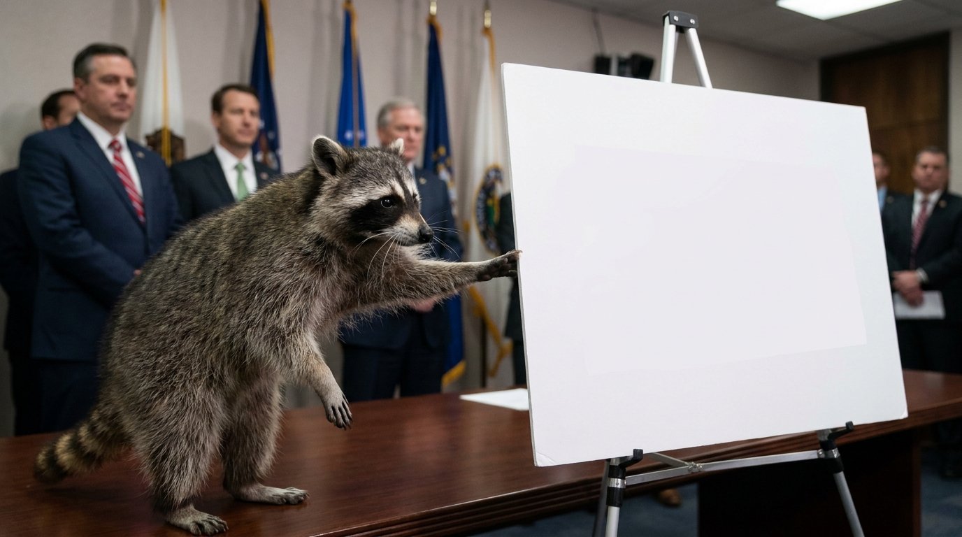 Grundsicherungsgeld Satire: Waschbär präsentiert bei einer Pressekonferenz ein leeres weißes Schild