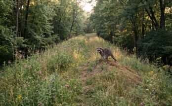 Waschbär steht auf einem grasbewachsenen alten Bahndamm ohne Gleise