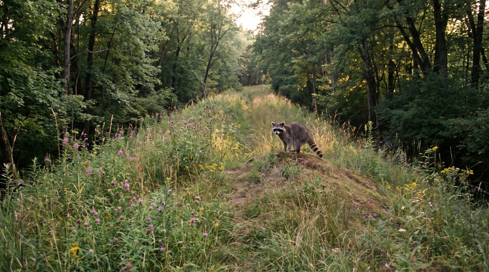 Waschbär steht auf einem grasbewachsenen alten Bahndamm ohne Gleise
