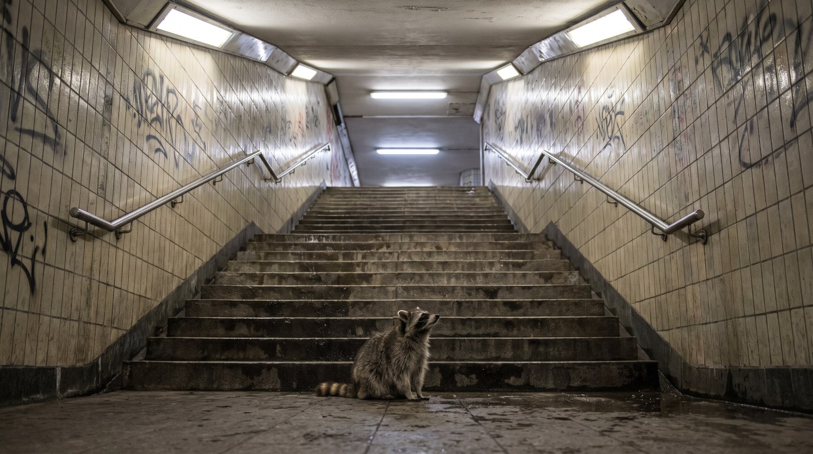 Waschbär steht am Fuß einer langen Bahnsteigtreppe in einer Unterführung