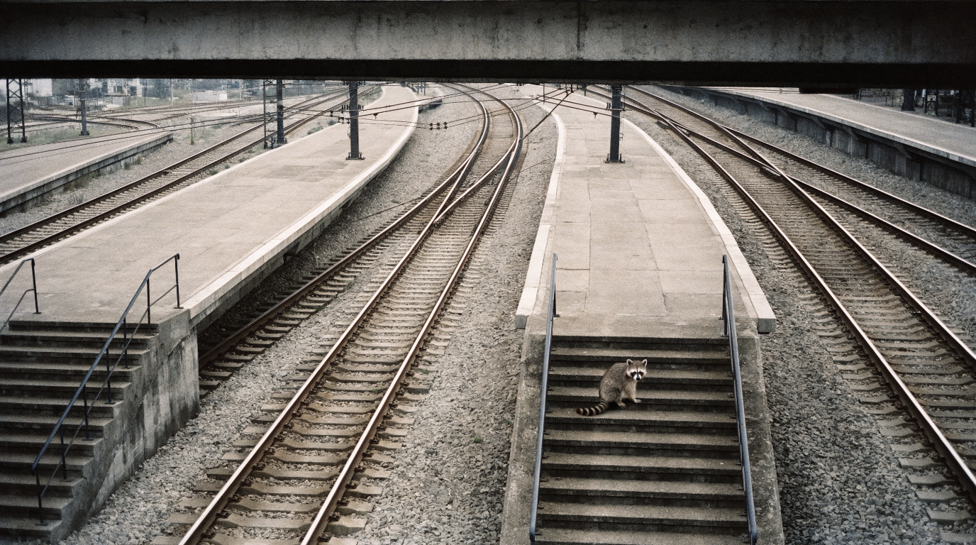 Umstiegszuschlag Satire: Waschbär sitzt auf einer Treppe an einem leeren Umsteigebahnhof mit mehreren Bahnsteigen