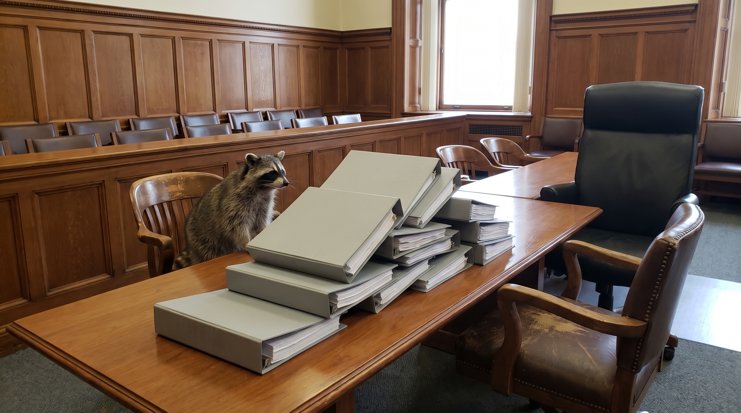 Untersuchungsausschuss Satire: Waschbär sitzt vor einem Stapel Aktenordner in einem Sitzungsraum