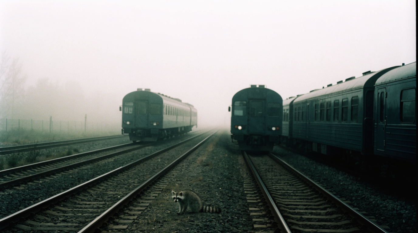 Verspätungsursache Vorgängerfahrt Satire: Waschbär sitzt im Nebel zwischen zwei stehenden Zügen auf dem Schotter