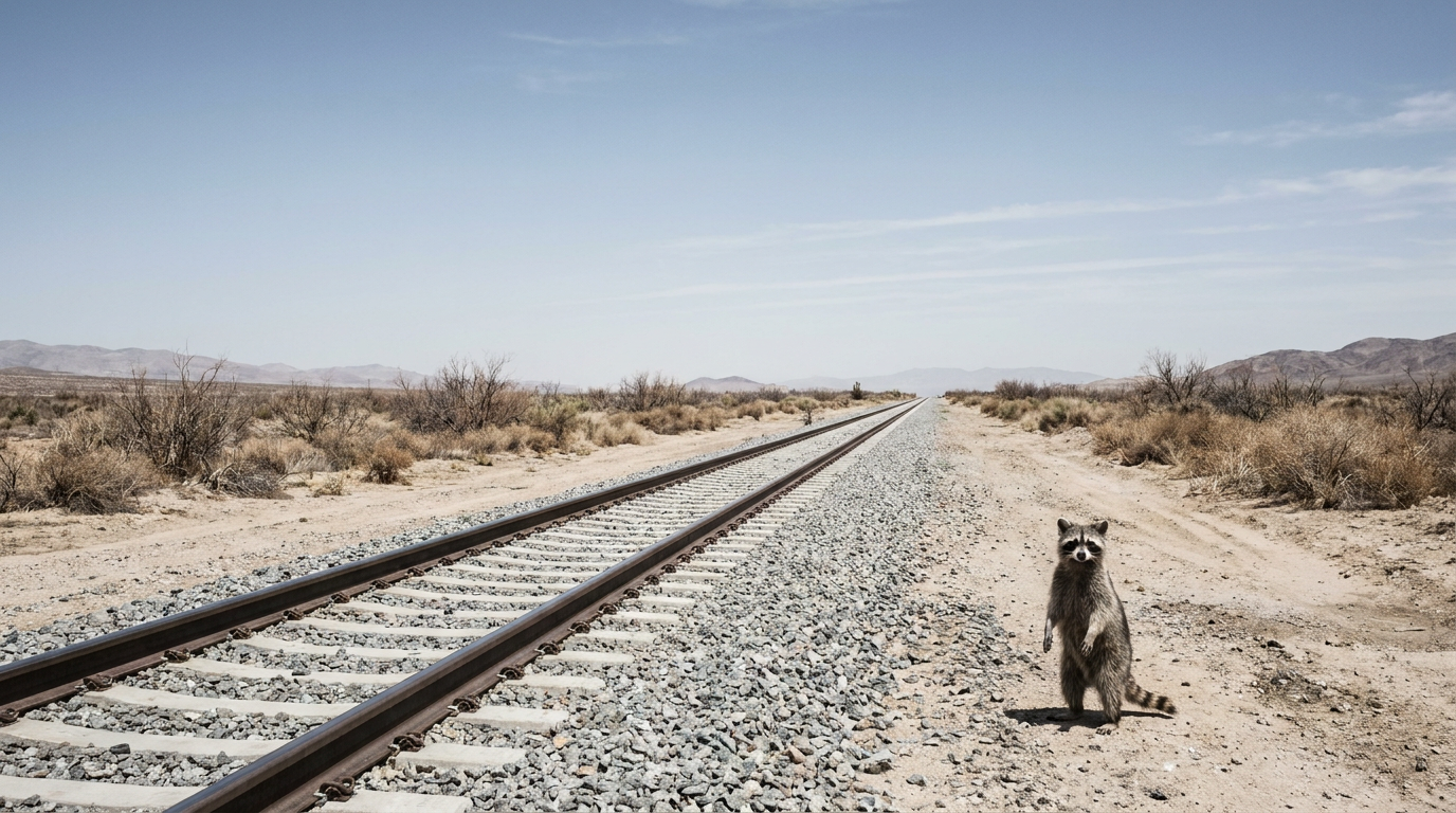 USA Satire: Waschbär steht an einer breiten Bahntrasse in einer trockenen Landschaft