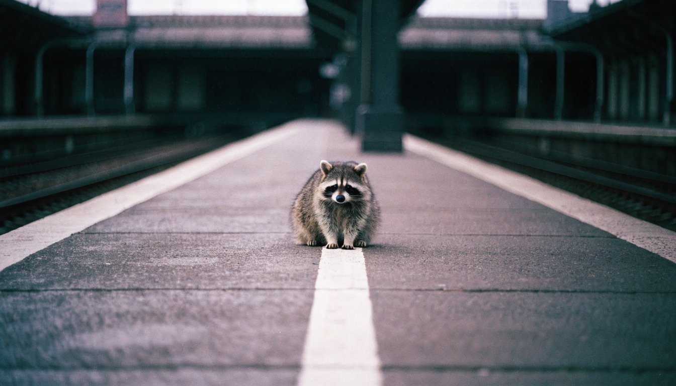 Verbundgrenze Bahnsteig Satire: Waschbär sitzt genau auf einem weißen Strich, der quer über einen leeren Bahnsteig läuft
