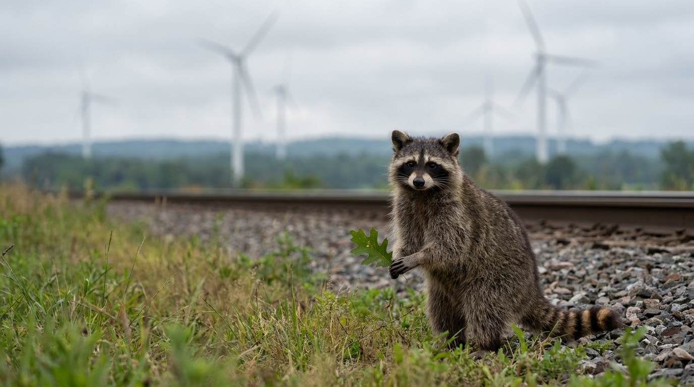 Verkehrswende Satire: Waschbär steht auf einem Grashügel neben Gleisen und hält ein grünes Blatt in den Pfoten