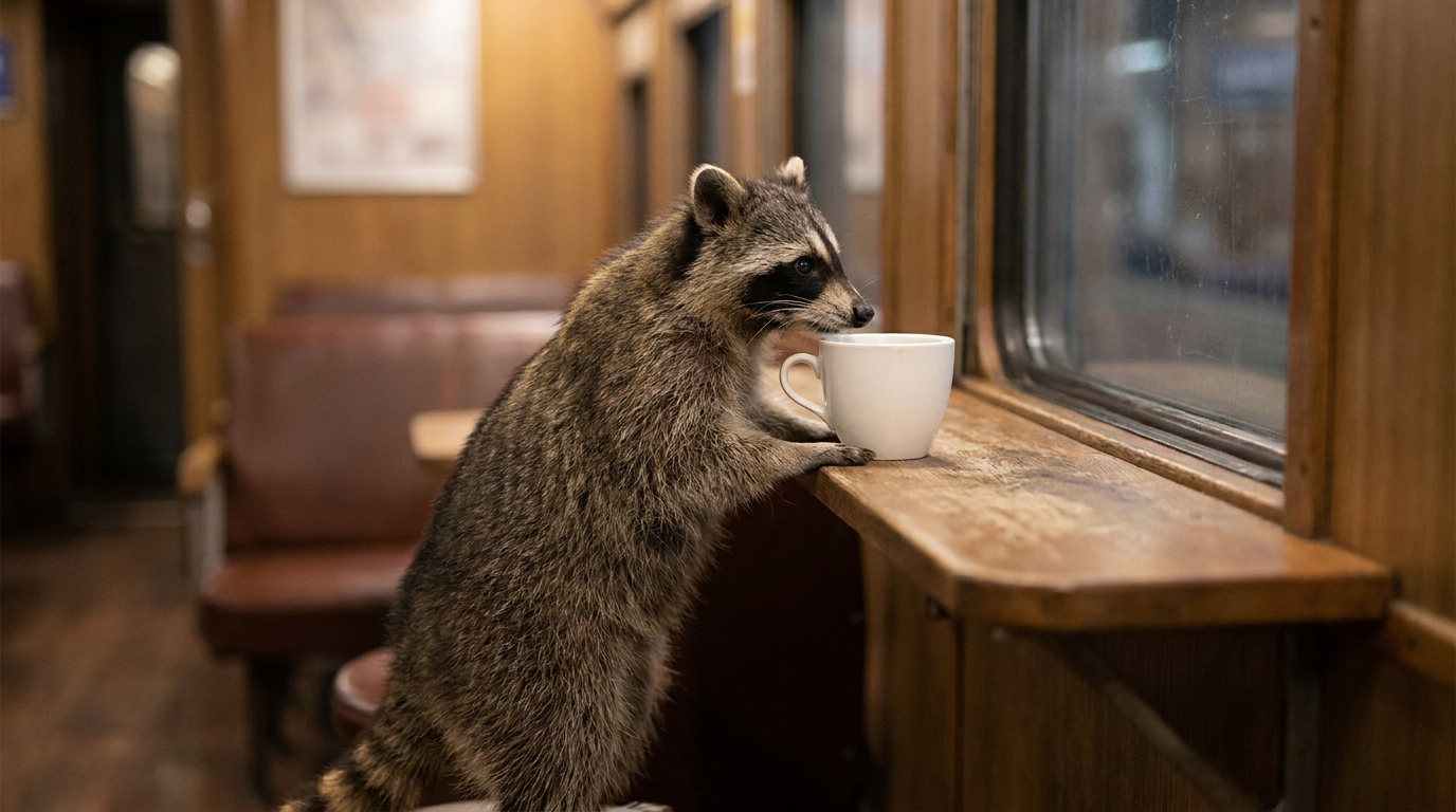 Verpackungssteuer Satire: Waschbär steht an einer Bistrotheke im Zug vor einer Tasse