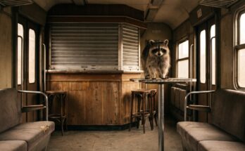 Waschbär steht vor einer geschlossenen Bistrotheke in einem Zugwagen