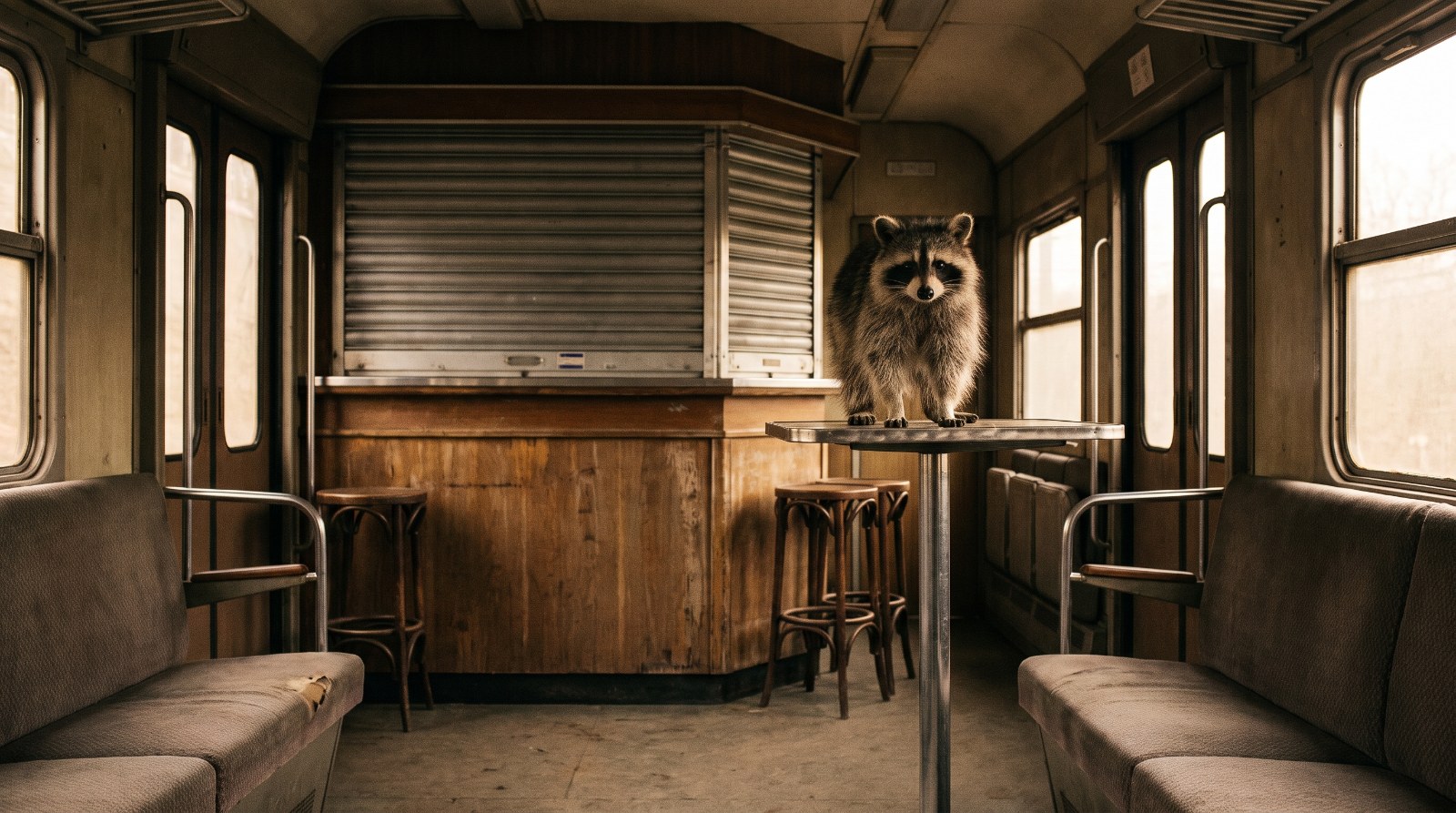 Waschbär steht vor einer geschlossenen Bistrotheke in einem Zugwagen