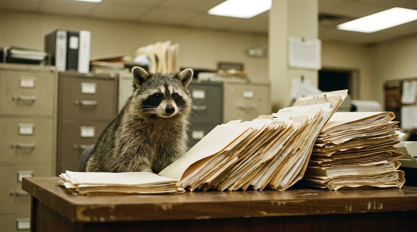 Verwaltung Digitalisierung Satire: Waschbär sitzt vor einem hohen Stapel Aktenordner an einem Schreibtisch
