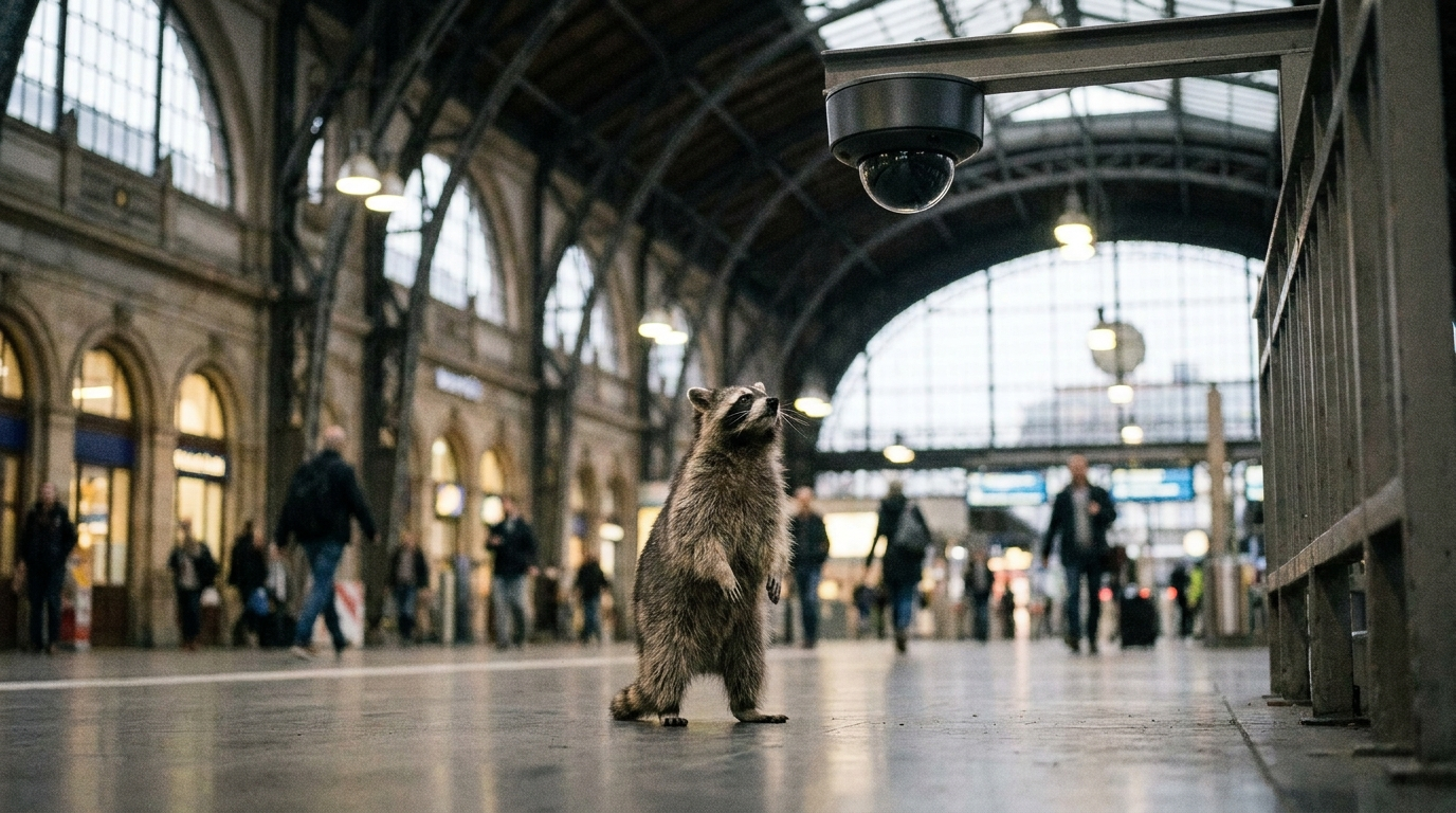 Videoüberwachung Satire: Waschbär steht unter einer Überwachungskamera in einer Bahnhofshalle
