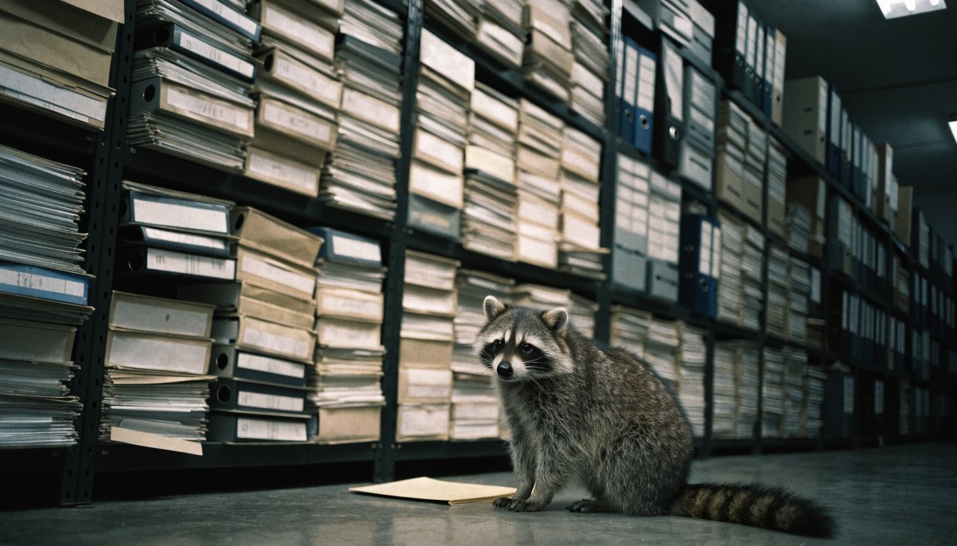 Vorschriftenkürzung Satire: Waschbär sitzt neben einem dünnen Hefter vor einer raumhohen Wand voller Aktenordner