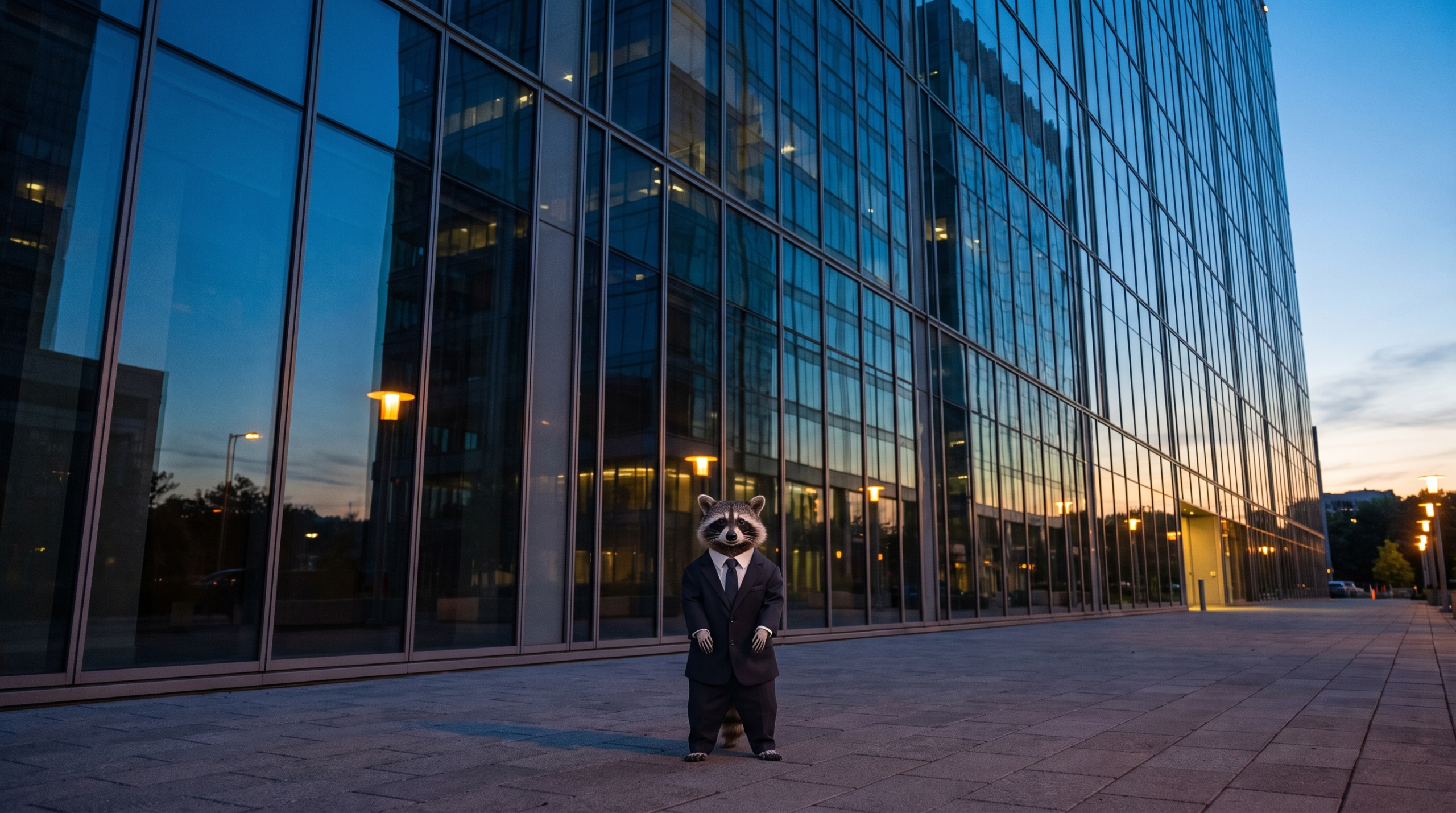 Vorstandsbonus Satire: Waschbär steht im Anzug vor einer Glasfassade einer Konzernzentrale